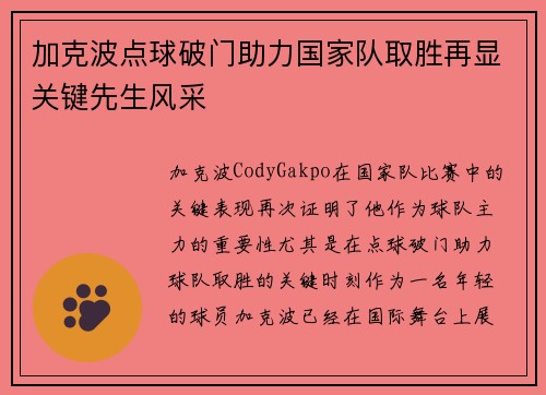 加克波点球破门助力国家队取胜再显关键先生风采 加克波点球破门助力国家队取胜再显关键先生风采