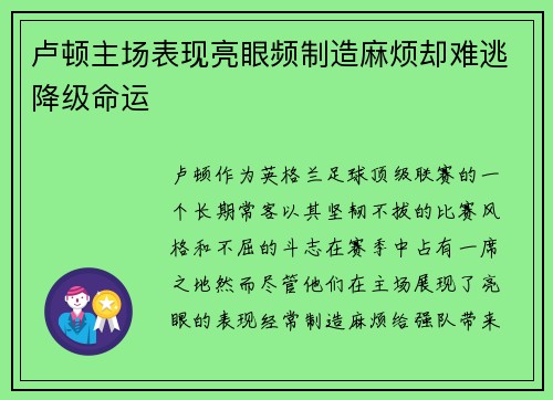 卢顿主场表现亮眼频制造麻烦却难逃降级命运