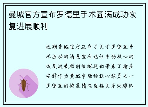 曼城官方宣布罗德里手术圆满成功恢复进展顺利 曼城官方宣布罗德里手术圆满成功恢复进展顺利