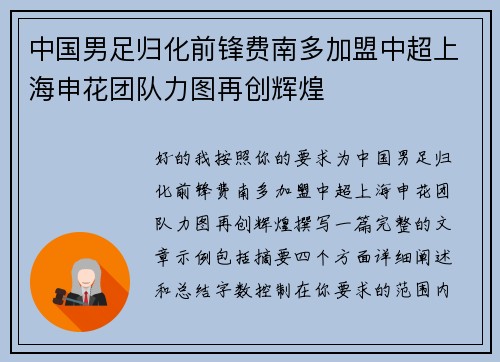 中国男足归化前锋费南多加盟中超上海申花团队力图再创辉煌 中国男足归化前锋费南多加盟中超上海申花团队力图再创辉煌